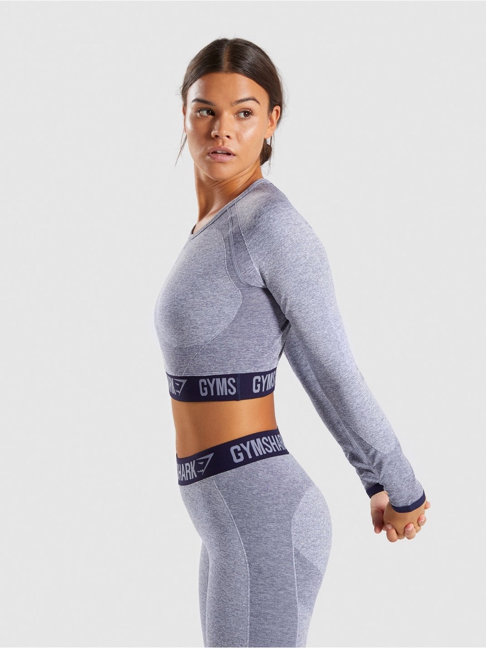 Gymshark Flex Long Sleeve Crop Top in Light Grey Marl/Indigo - Size Small - Picture 6 of 8